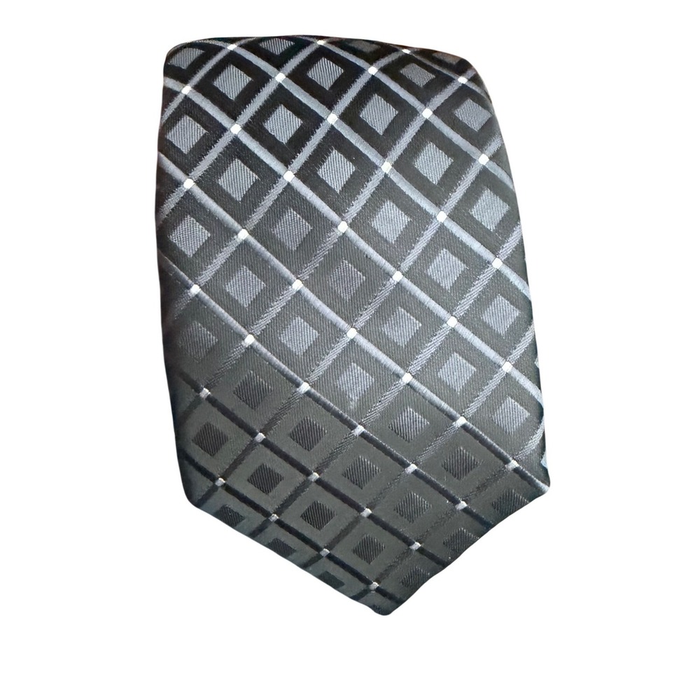 J Ferrar Necktie Mens‎ OS Black Gray Excellent Geometric Square Pattern RN 93677